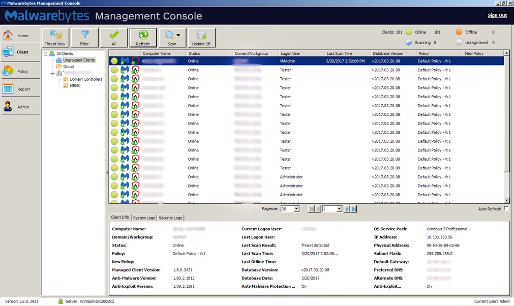 Malwarebytes Management Console: Visualização do cliente 