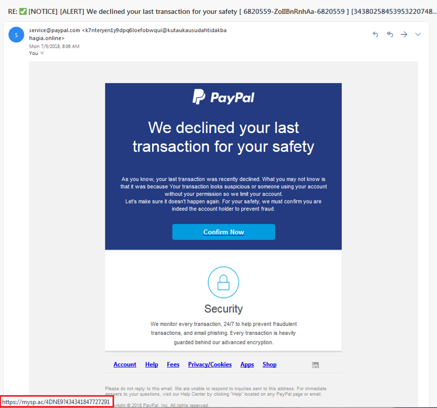 Tentativa de phishing usando um PayPal falso