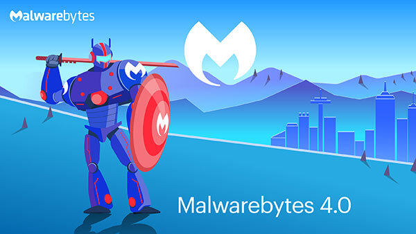 Robot holding katana and shield on a field with mountains, cityscape, and Malwarebytes logo in the background