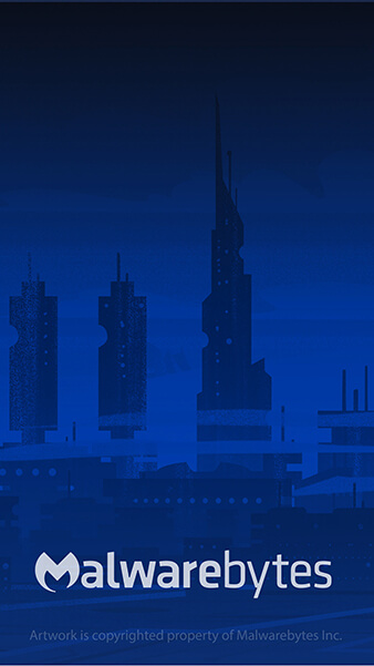 Blue futuristic cityscape with off-white Malwarebytes logo in the center